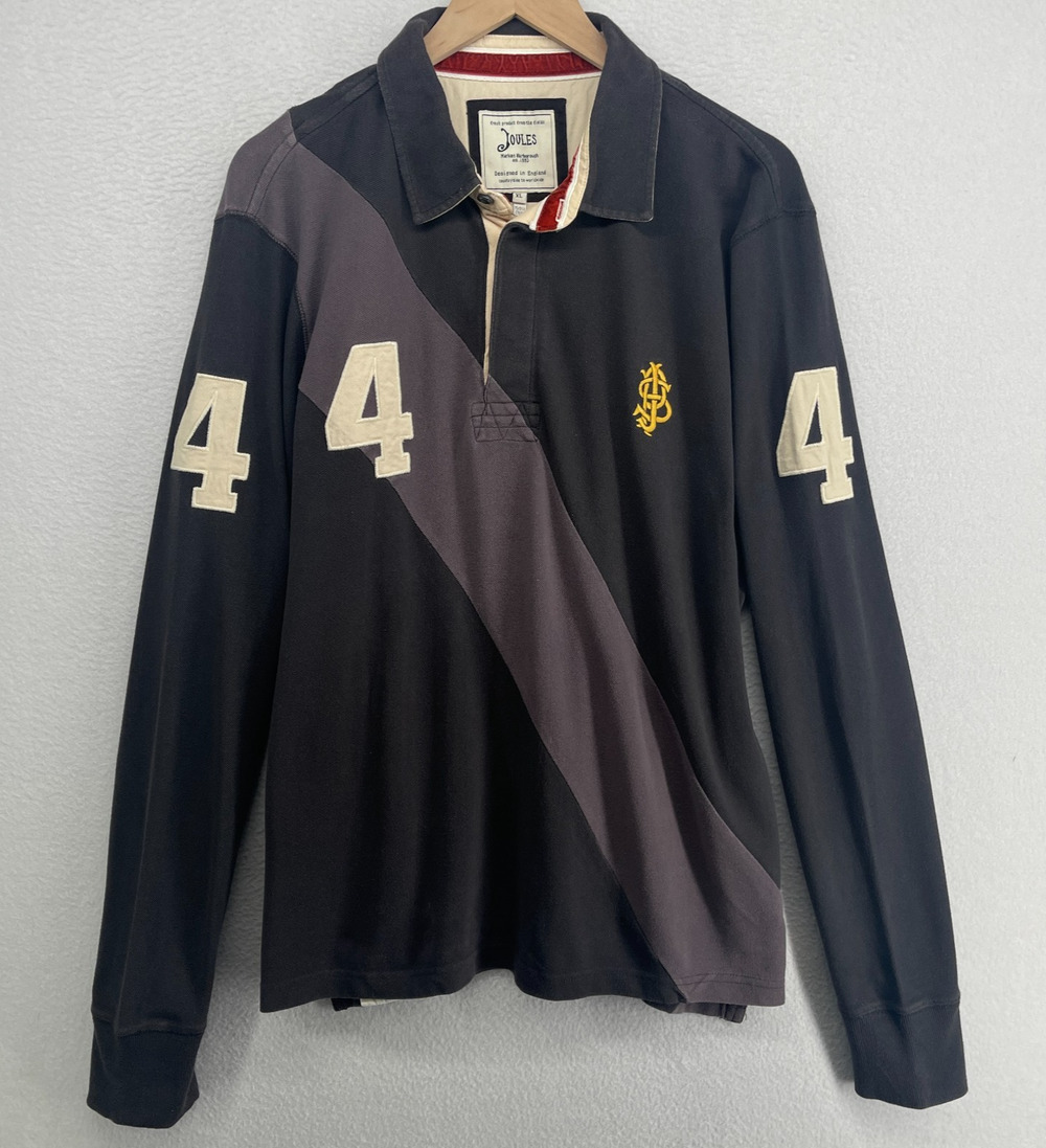 JOULES Shirt Mens XL Monogram Rugby Polo Pique Long Sleeve Cotton Black
